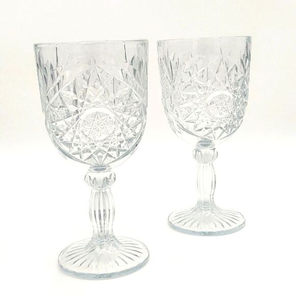 Set of 2 Vintage Libbey Glass 7"  Hobstar Sunburst Goblets - Picture 1 of 7